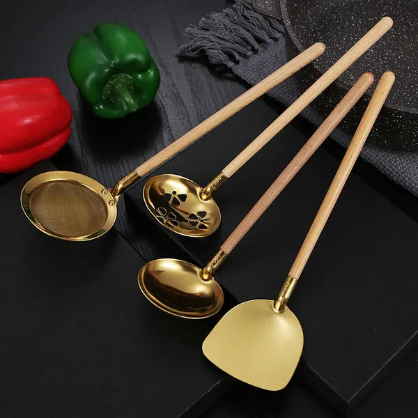 Beech Handle Japanese-style 304 Stainless Steel Soup Spoon Household Hot Pot Spoon Colander Creative Filter Mesh Leakage Teppanyaki Shovel