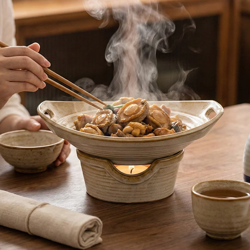 Retro High-Appearance Double-Handle Open-Flame Cookware Ceramic Plate for Restaurant and Hotel Use, Suitable for Hot Pot, Bullfrog, and Potato Stew