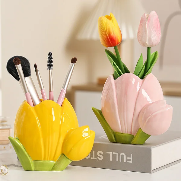 Creative Ceramic Tulip Vase Storage Box Small High-value Living Room Simple Creative Pen Storage Household Small Ornaments